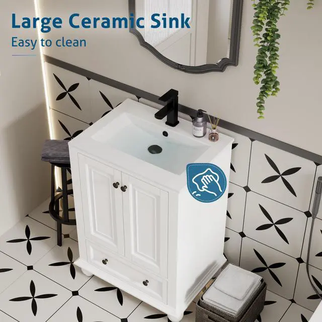 Alt view image 4 of 6 - 24" Bathroom Vanity and Sink Combo, Retro Style Painted Bathroom Cabinet with Ceramic Sink, Matte Faucet and Drain, Mirror is not Included, White