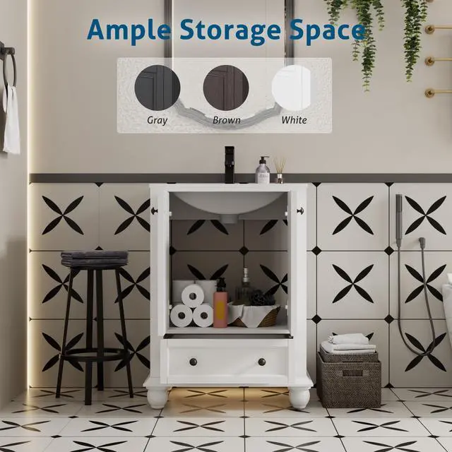 Alt view image 5 of 6 - 24" Bathroom Vanity and Sink Combo, Retro Style Painted Bathroom Cabinet with Ceramic Sink, Matte Faucet and Drain, Mirror is not Included, White
