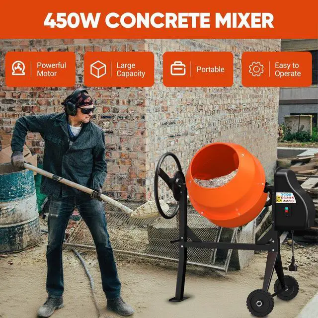 Alt view image 2 of 6 - 4.3 Cu. Ft. Cement Mixer, Portable Electric Concrete Mixer | Heavy Duty 450W Mixer with Wheels & Stand, 3/5 HP Motor for Mortar, Stucco, Fodder and Small Construction Jobs, Orange