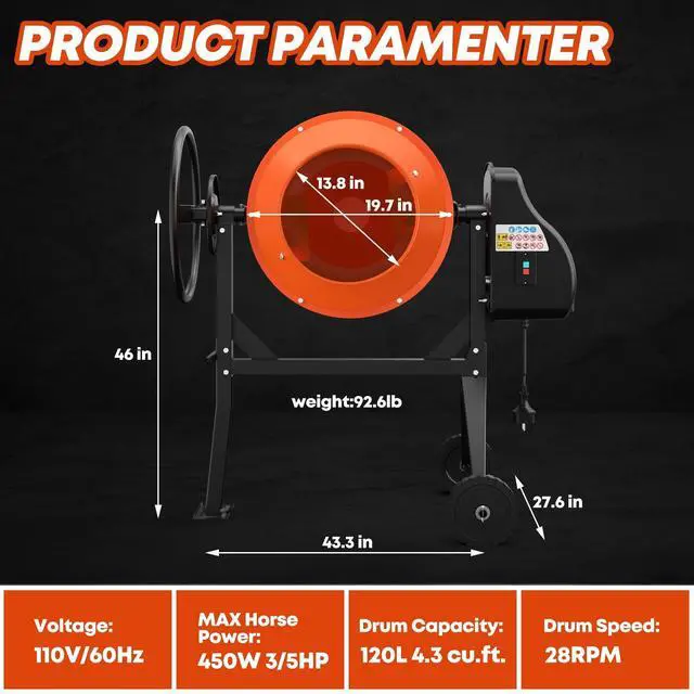 Alt view image 3 of 6 - 4.3 Cu. Ft. Cement Mixer, Portable Electric Concrete Mixer | Heavy Duty 450W Mixer with Wheels & Stand, 3/5 HP Motor for Mortar, Stucco, Fodder and Small Construction Jobs, Orange