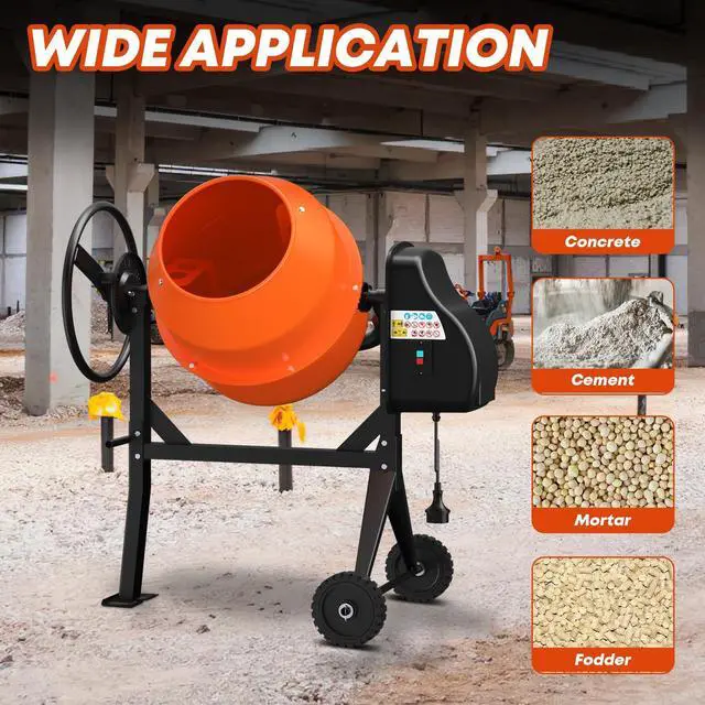 Alt view image 4 of 6 - 4.3 Cu. Ft. Cement Mixer, Portable Electric Concrete Mixer | Heavy Duty 450W Mixer with Wheels & Stand, 3/5 HP Motor for Mortar, Stucco, Fodder and Small Construction Jobs, Orange