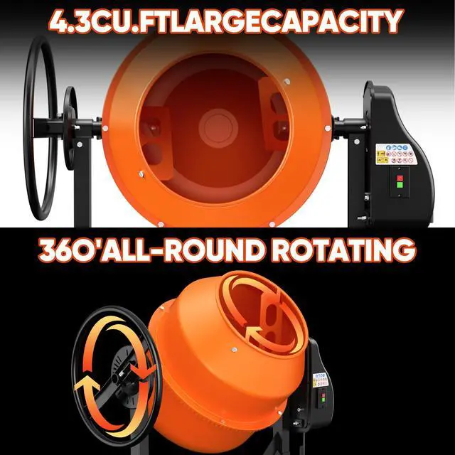 Alt view image 5 of 6 - 4.3 Cu. Ft. Cement Mixer, Portable Electric Concrete Mixer | Heavy Duty 450W Mixer with Wheels & Stand, 3/5 HP Motor for Mortar, Stucco, Fodder and Small Construction Jobs, Orange