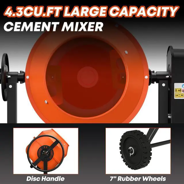 Alt view image 6 of 6 - 4.3 Cu. Ft. Cement Mixer, Portable Electric Concrete Mixer | Heavy Duty 450W Mixer with Wheels & Stand, 3/5 HP Motor for Mortar, Stucco, Fodder and Small Construction Jobs, Orange