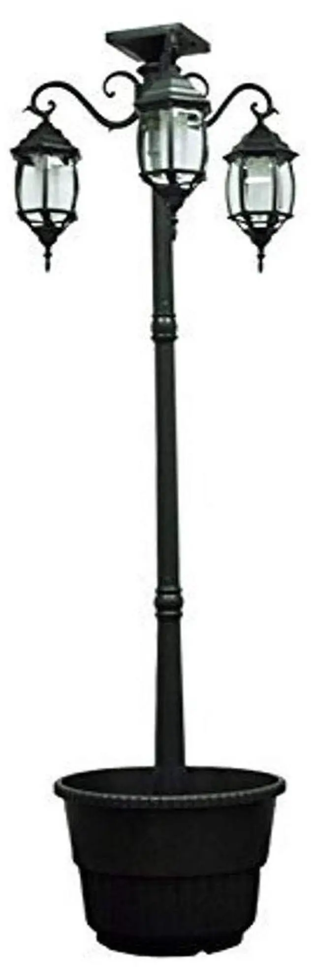 Main image of Solar LED Lamp Post and Planter with Three Outdoor Solar Lights, Black Finish, for Garden, Patio, Porch, and Yard by