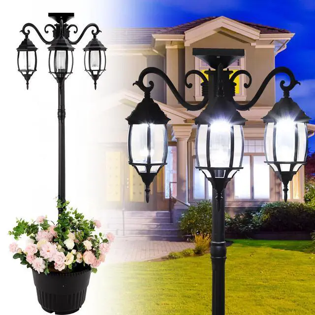 Alt view image 2 of 2 - Solar LED Lamp Post and Planter with Three Outdoor Solar Lights, Black Finish, for Garden, Patio, Porch, and Yard by