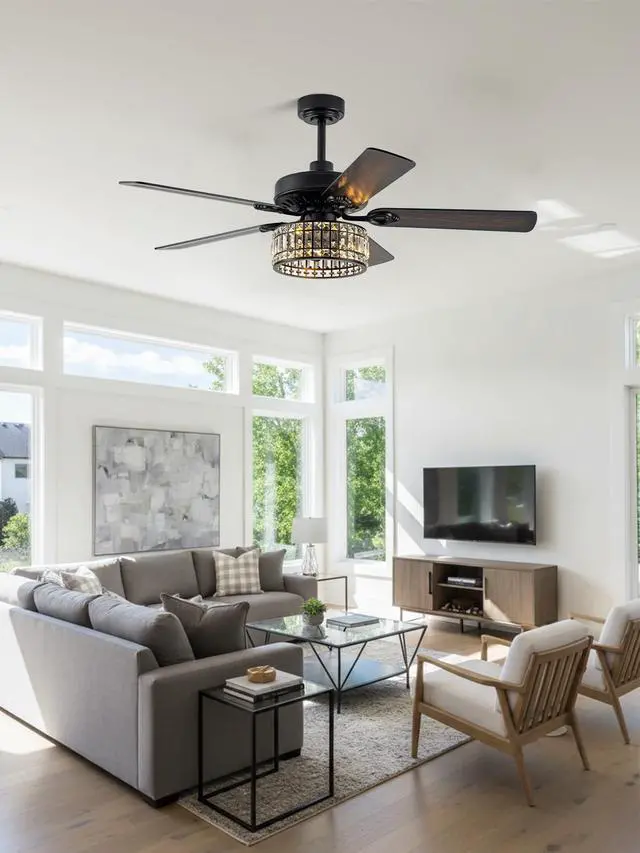 Alt view image 2 of 6 - 52" Black Crystal Fandelier Ceiling Fan with Lights | Low Profile, Quiet Reversible DC Motor, 6-Speed, Remote Control, Living Room Bedroom Dining Room