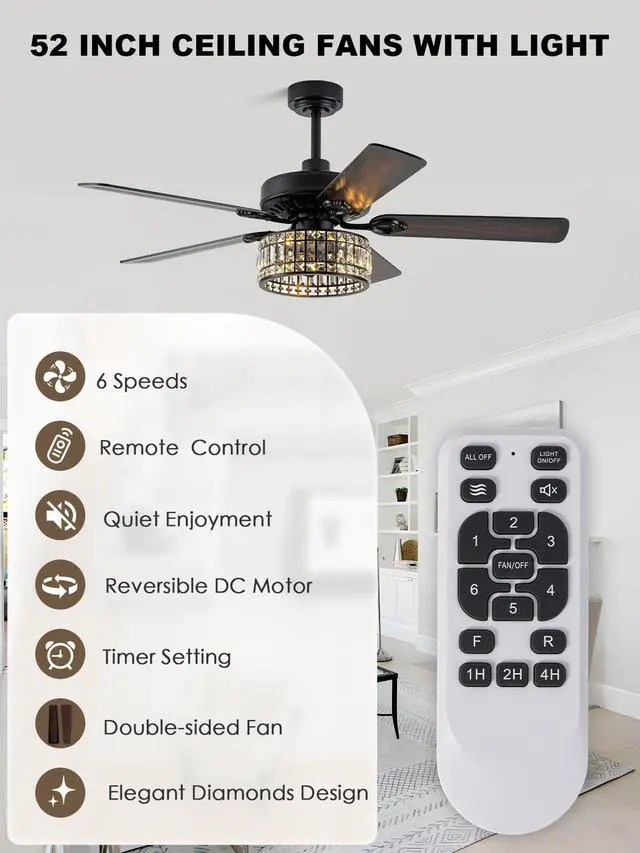 Alt view image 3 of 6 - 52" Black Crystal Fandelier Ceiling Fan with Lights | Low Profile, Quiet Reversible DC Motor, 6-Speed, Remote Control, Living Room Bedroom Dining Room
