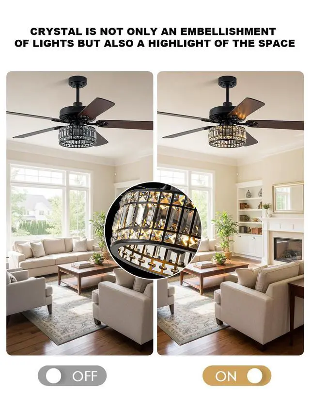 Alt view image 4 of 6 - 52" Black Crystal Fandelier Ceiling Fan with Lights | Low Profile, Quiet Reversible DC Motor, 6-Speed, Remote Control, Living Room Bedroom Dining Room