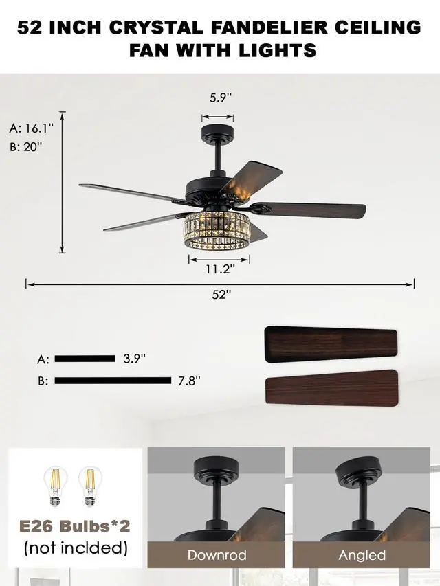 Alt view image 5 of 6 - 52" Black Crystal Fandelier Ceiling Fan with Lights | Low Profile, Quiet Reversible DC Motor, 6-Speed, Remote Control, Living Room Bedroom Dining Room