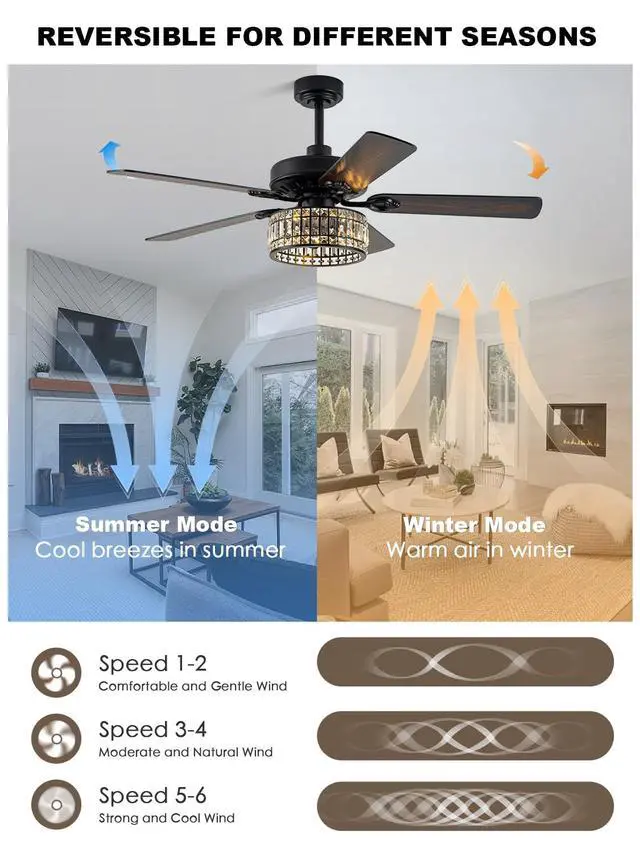 Alt view image 6 of 6 - 52" Black Crystal Fandelier Ceiling Fan with Lights | Low Profile, Quiet Reversible DC Motor, 6-Speed, Remote Control, Living Room Bedroom Dining Room