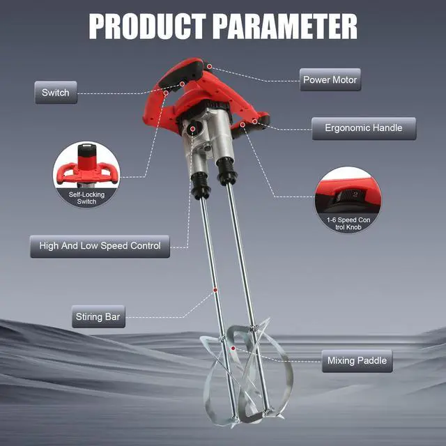 Alt view image 6 of 6 - 2800W Handheld Electric Concrete Mixer, Cement Mixer Dual Paddle, Portable Mortar Mixer 6 Adjustable Speed, Electric Concrete Plaster Grout Paint Mortar Mixer Machine Red