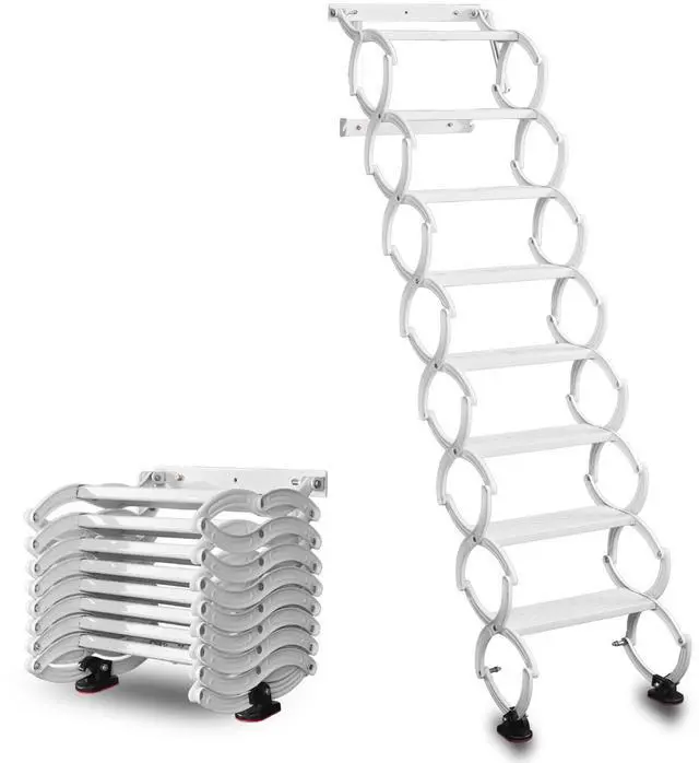 Main image of 8 Steps Wall Mounted Folding Ladder, Indoor and Outdoor Step Ladders, Retractable Folding Stairs, Portable Camping Staircase, Pull-Down System Attic Ladder, for RV, Storehouse (White, 8)