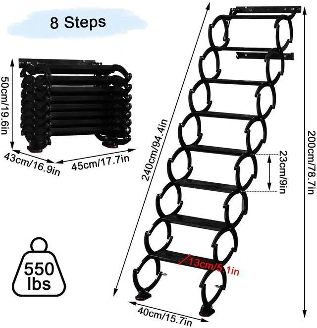 Alt view image 2 of 6 - 8 Steps Wall Mounted Folding Ladder, Indoor and Outdoor Step Ladders, Retractable Folding Stairs, Portable Camping Staircase, Pull-Down System Attic Ladder, for RV, Storehouse (White, 8)