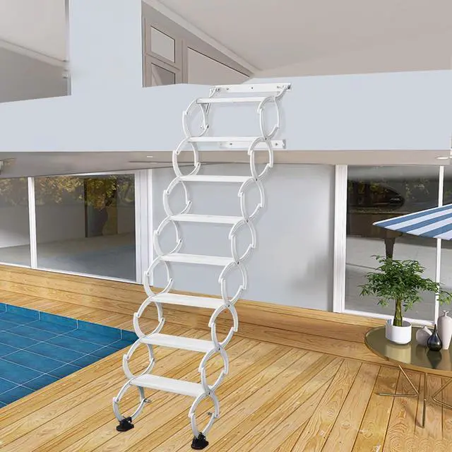 Alt view image 3 of 6 - 8 Steps Wall Mounted Folding Ladder, Indoor and Outdoor Step Ladders, Retractable Folding Stairs, Portable Camping Staircase, Pull-Down System Attic Ladder, for RV, Storehouse (White, 8)