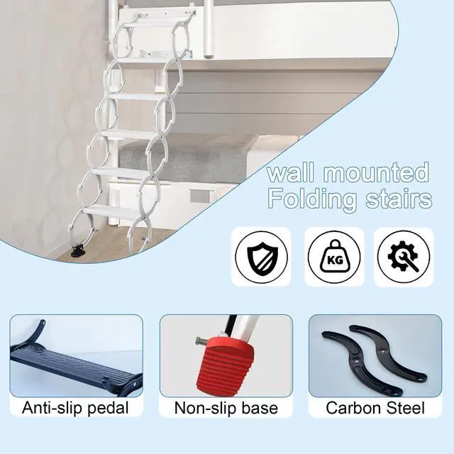 Alt view image 4 of 6 - 8 Steps Wall Mounted Folding Ladder, Indoor and Outdoor Step Ladders, Retractable Folding Stairs, Portable Camping Staircase, Pull-Down System Attic Ladder, for RV, Storehouse (White, 8)