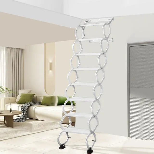 Alt view image 5 of 6 - 8 Steps Wall Mounted Folding Ladder, Indoor and Outdoor Step Ladders, Retractable Folding Stairs, Portable Camping Staircase, Pull-Down System Attic Ladder, for RV, Storehouse (White, 8)