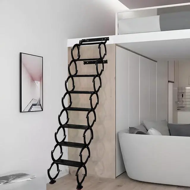 Alt view image 6 of 6 - 8 Steps Wall Mounted Folding Ladder, Indoor and Outdoor Step Ladders, Retractable Folding Stairs, Portable Camping Staircase, Pull-Down System Attic Ladder, for RV, Storehouse (White, 8)