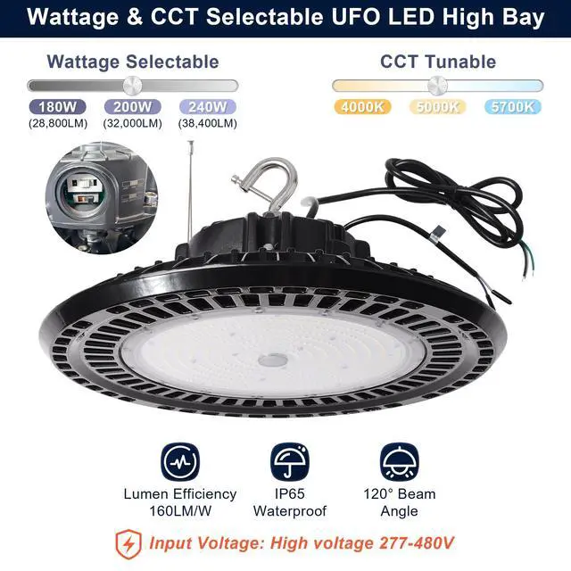 Alt view image 2 of 6 - 480V LED UFO High Bay Light, 240W/200W/180W Power Selectable, 4000K/5000K/5700K CCT Tunable, 0-10V Dimmable, ETL Listed Open Hook, 1000W MH/HPS Equivalent