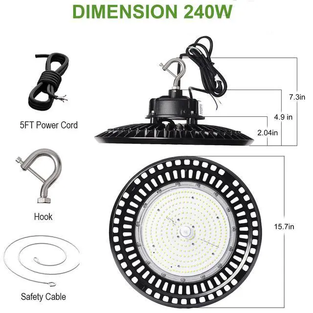 Alt view image 5 of 6 - 480V LED UFO High Bay Light, 240W/200W/180W Power Selectable, 4000K/5000K/5700K CCT Tunable, 0-10V Dimmable, ETL Listed Open Hook, 1000W MH/HPS Equivalent