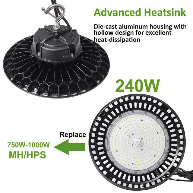 Alt view image 6 of 6 - 480V LED UFO High Bay Light, 240W/200W/180W Power Selectable, 4000K/5000K/5700K CCT Tunable, 0-10V Dimmable, ETL Listed Open Hook, 1000W MH/HPS Equivalent