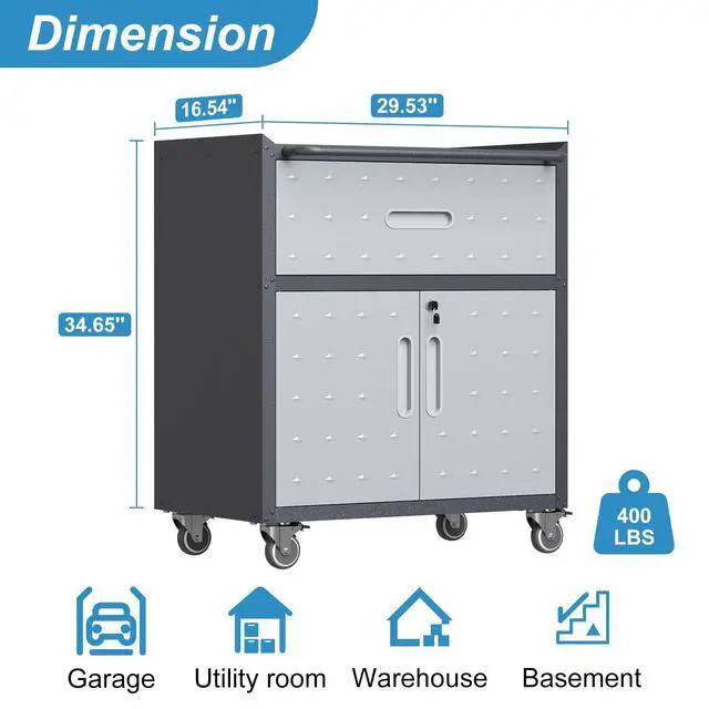 Alt view image 3 of 6 - Garage Storage Cabinet with Wheels Metal Garage Cabinets with Drawer Heavy Duty Steel Rolling Tool Cabinet with Lock Rolling Tool Cart Mobile Cabinet for Warehouse Basement, Assembly Required