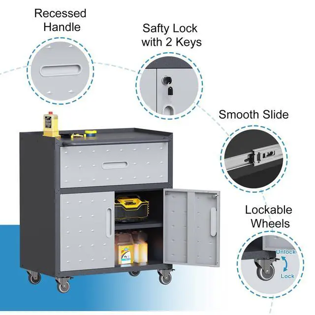 Alt view image 5 of 6 - Garage Storage Cabinet with Wheels Metal Garage Cabinets with Drawer Heavy Duty Steel Rolling Tool Cabinet with Lock Rolling Tool Cart Mobile Cabinet for Warehouse Basement, Assembly Required