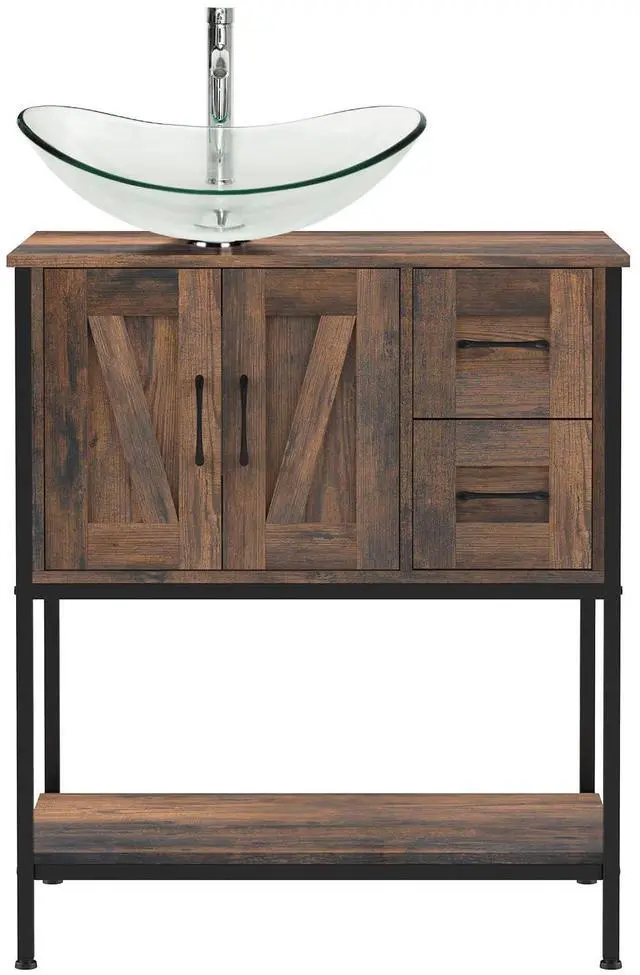 Main image of Bathroom Vanity, 30" Farmhouse Bathroom Vanity with Sink Combo Set, Rustic Brown Modern Wood Cabinet with Clear Glass Sink