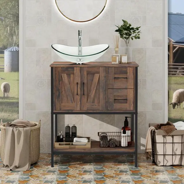 Alt view image 2 of 6 - Bathroom Vanity, 30" Farmhouse Bathroom Vanity with Sink Combo Set, Rustic Brown Modern Wood Cabinet with Clear Glass Sink
