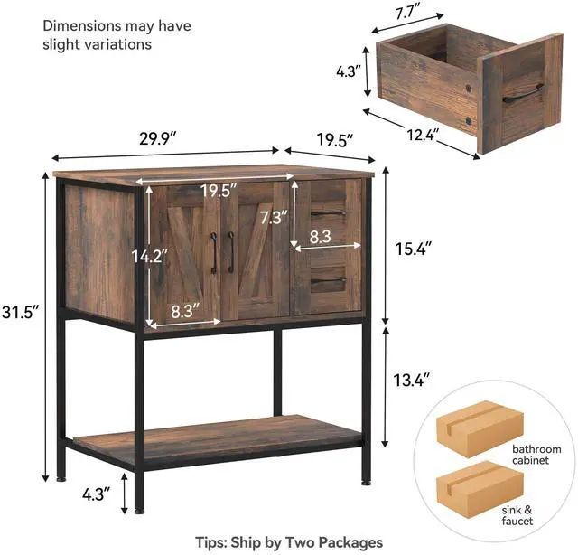 Alt view image 3 of 6 - Bathroom Vanity, 30" Farmhouse Bathroom Vanity with Sink Combo Set, Rustic Brown Modern Wood Cabinet with Clear Glass Sink