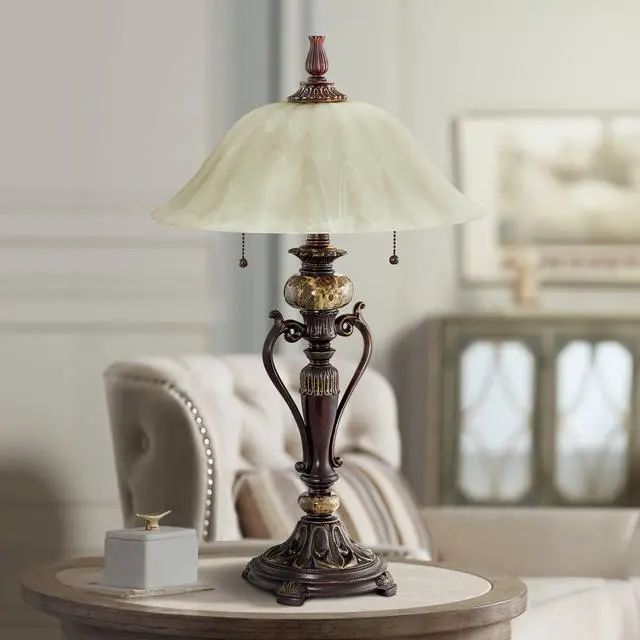 Alt view image 2 of 6 - Amor 26" Tall Table Lamp Alabaster Glass Bronze Brown Accent Cottage | Traditional Flared Vintage Marble Living Room Bedroom House Bedside Nightstand Home Family Champagne Shade