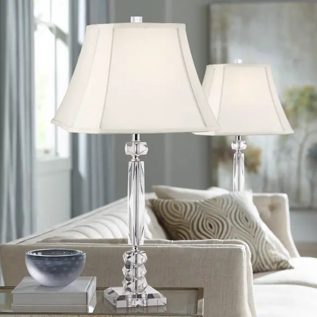 Alt view image 2 of 6 - Mitzie 25 1/2" High Table Lamp Set of 2 Silver Cut Crystal Column | Geneva Traditional Metal Living Room Bedroom House Bedside Nightstand Home Office White Square Shade