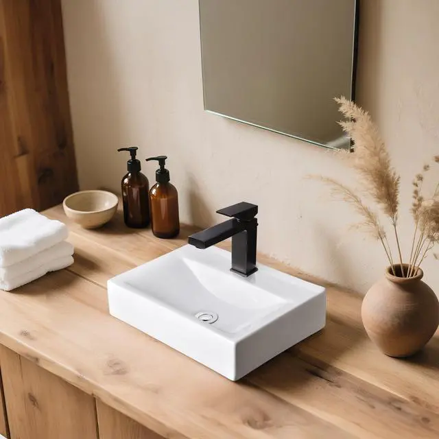 Main image of Porcelain Bathroom Vessel Sink 18"x12" with ORB Single Handle | Faucet Pop-up Drain Set Rectangle Above Counter Top Vanity Basin Arts & Crafts