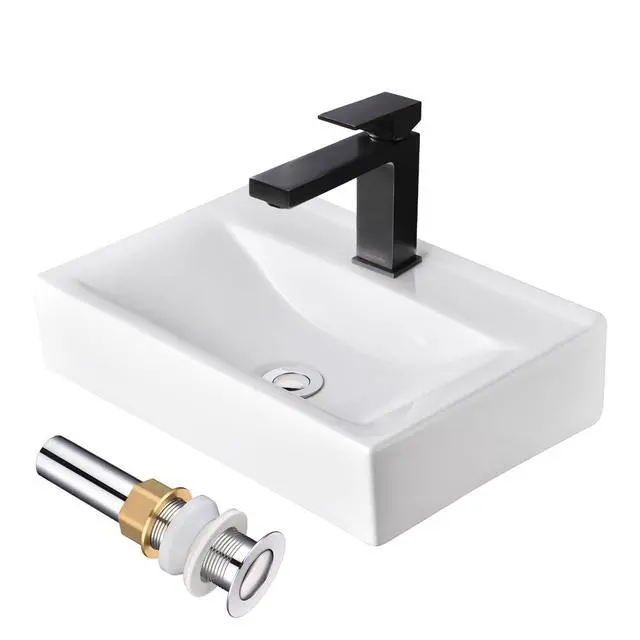 Alt view image 2 of 6 - Porcelain Bathroom Vessel Sink 18"x12" with ORB Single Handle | Faucet Pop-up Drain Set Rectangle Above Counter Top Vanity Basin Arts & Crafts