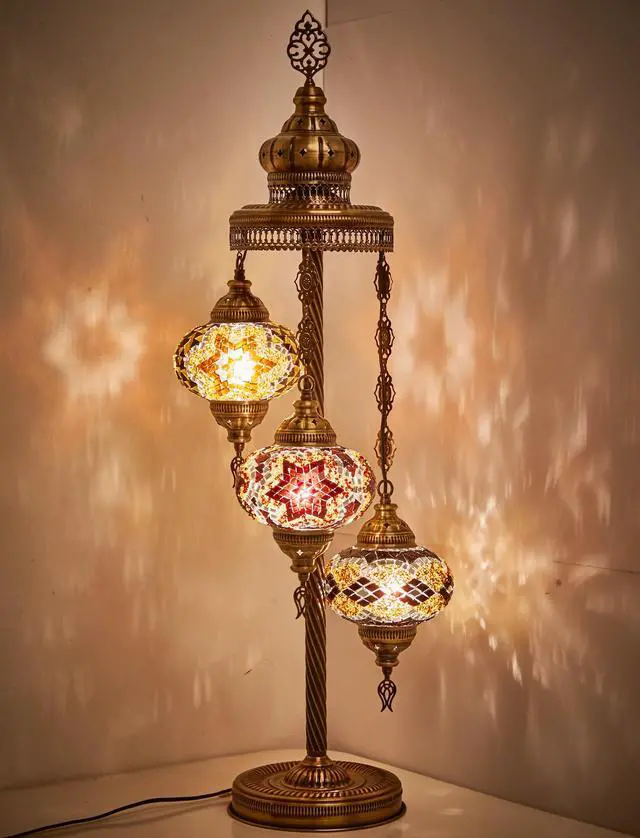 Alt view image 2 of 2 - Turkish Moroccan Mosaic Floor & Table Lamp Handmade Boho Tiffany-Style Light, 3 Large 7" Globes, Artisan Decor, 37" (95cm) Tall, Antique Brass Finish, North American Use (Brown Black Amber)