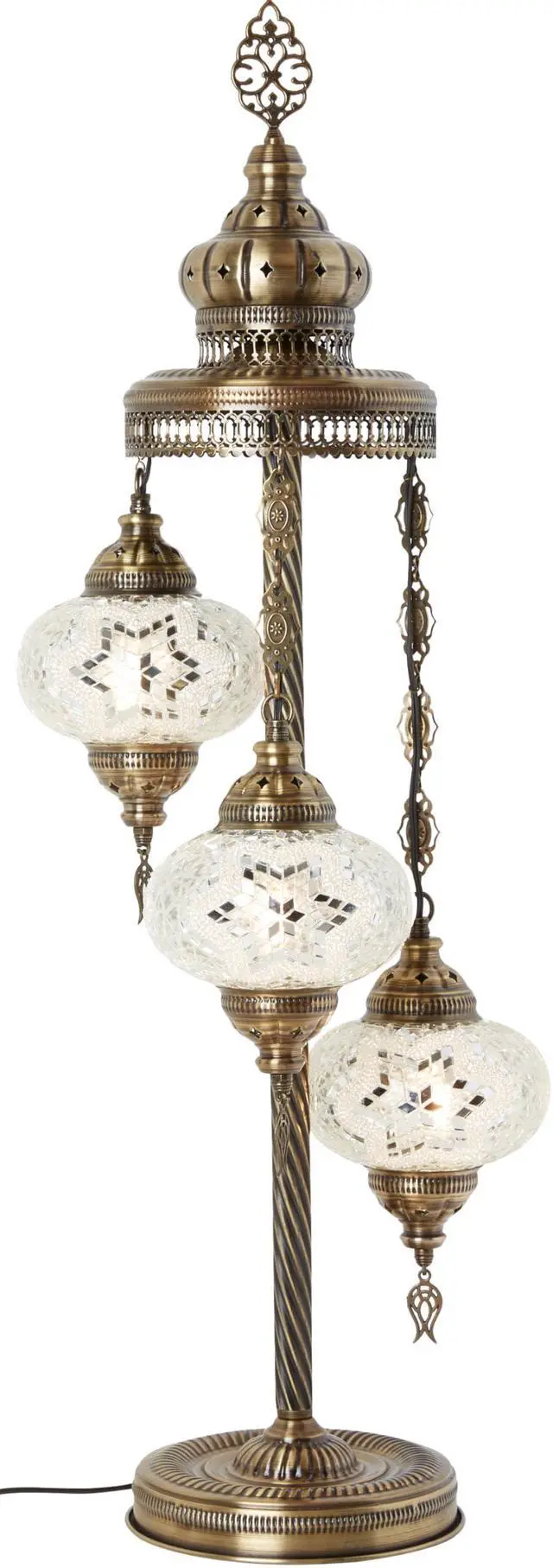 Main image of Turkish Moroccan Mosaic Floor & Table Lamp Handmade Boho Tiffany-Style Light with 3 Large 7" Globes, Artisan Decor, 37" (95cm) Tall, Antique Brass Finish, North American Use (White Clear)