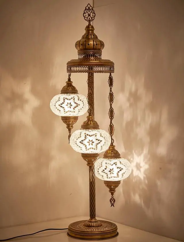 Alt view image 2 of 2 - Turkish Moroccan Mosaic Floor & Table Lamp Handmade Boho Tiffany-Style Light with 3 Large 7" Globes, Artisan Decor, 37" (95cm) Tall, Antique Brass Finish, North American Use (White Clear)