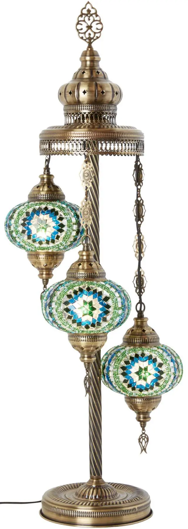 Main image of Turkish Moroccan Mosaic Floor & Table Lamp Handmade Boho Tiffany-Style Light, 3 Large 7" Globes, 37" (95cm) Tall, Antique Brass Finish, North American Use (Turquoise-Blue-Green)