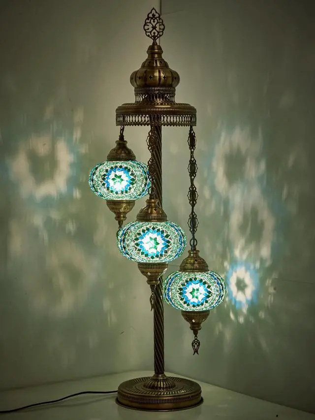 Alt view image 2 of 2 - Turkish Moroccan Mosaic Floor & Table Lamp Handmade Boho Tiffany-Style Light, 3 Large 7" Globes, 37" (95cm) Tall, Antique Brass Finish, North American Use (Turquoise-Blue-Green)