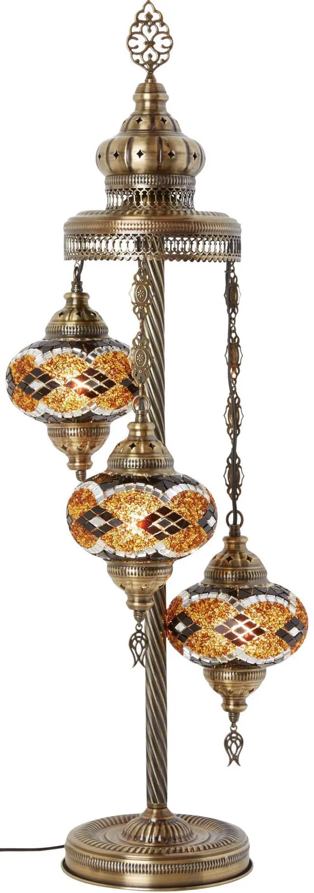 Main image of Turkish Moroccan Mosaic Floor & Table Lamp Handmade Boho Tiffany-Style Light with 3 Large 7" Globes, Artisan Decor, 37" (95cm) Tall, Antique Brass Finish, North American Use (Brown-Black)