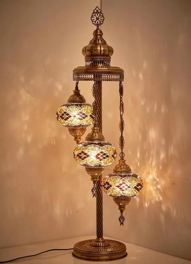 Alt view image 2 of 2 - Turkish Moroccan Mosaic Floor & Table Lamp Handmade Boho Tiffany-Style Light with 3 Large 7" Globes, Artisan Decor, 37" (95cm) Tall, Antique Brass Finish, North American Use (Brown-Black)