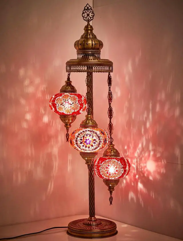 Alt view image 2 of 2 - Turkish Moroccan Mosaic Floor & Table Lamp Handmade Boho Tiffany-Style Light with 3 Large 7" Globes, Artisan Decor, 37" (95cm) Tall, Antique Brass Finish, North American Use (Reds & Pink)