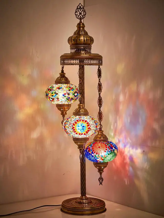 Alt view image 2 of 2 - Turkish Moroccan Mosaic Floor & Table Lamp, 37" (95cm) Tall, Handmade Boho Tiffany-Style Light with 3 Large 7" Globes, Artisan Decor, Antique Brass Finish, North American Use (Multicolors)