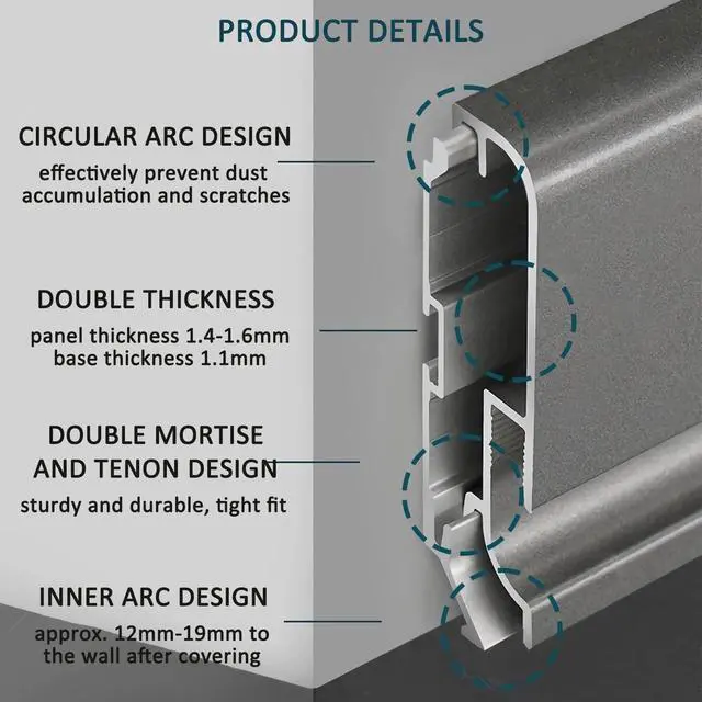 Alt view image 2 of 6 - 3.3ft/1M Minimalist Skirting Baseboard, H5cm(2inches) Metal Aluminum Board | 20 Pack LED Aluminum Floor Skirting Board with Nature Light Silicone Led Strip, Illuminated Bottom with Accessories(Silver)
