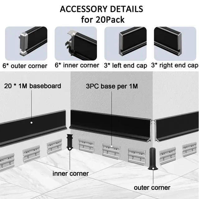 Alt view image 6 of 6 - 3.3ft/1M Minimalist Skirting Baseboard, H5cm(2inches) Metal Aluminum Board | 20 Pack LED Aluminum Floor Skirting Board with Nature Light Silicone Led Strip, Illuminated Bottom with Accessories(Silver)