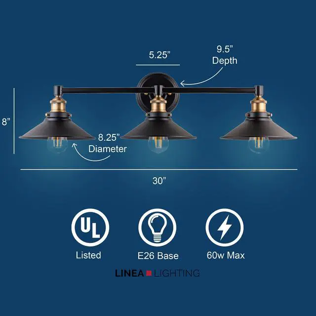 Alt view image 3 of 5 - Andante 3 Light Bathroom Vanity Light Industrial Gold and Matte Black Bathroom Light Fixtures Above Mirror Bathroom Light Farmhouse Vanity Lights for Bathroom Lighting, Bulb Included