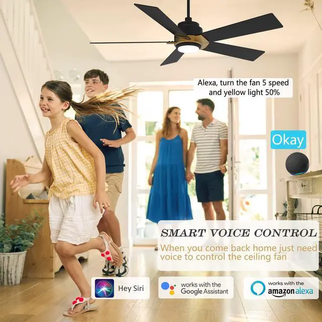 Alt view image 3 of 6 - Smart Ceiling Fans with Lights and Remote, 52 Inch Low Profile Ceiling Fan with Dimmable LED Light, 10-Speed Reversible DC Motor Works with APP/Alexa/Google Assistant/Siri Control(Black/Gold)