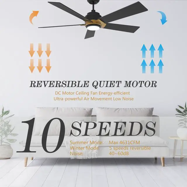 Alt view image 4 of 6 - Smart Ceiling Fans with Lights and Remote, 52 Inch Low Profile Ceiling Fan with Dimmable LED Light, 10-Speed Reversible DC Motor Works with APP/Alexa/Google Assistant/Siri Control(Black/Gold)