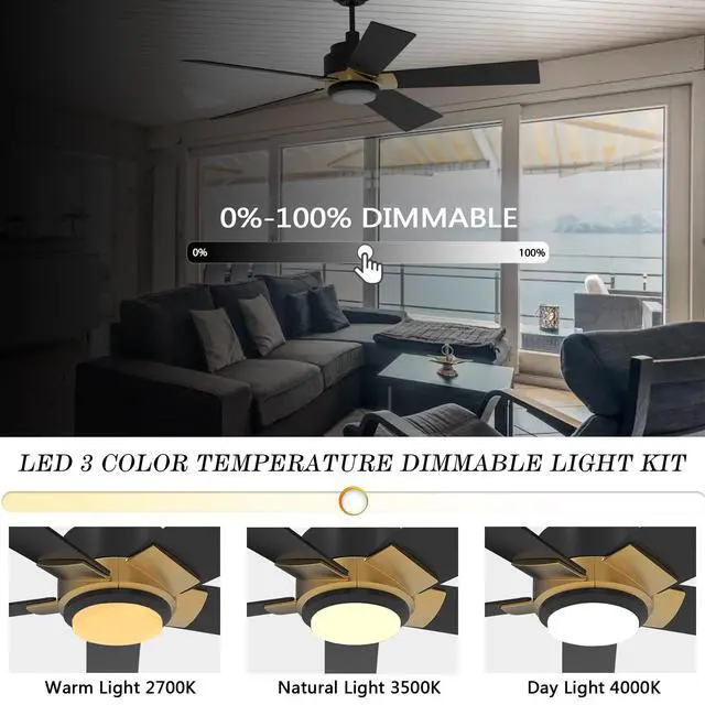 Alt view image 6 of 6 - Smart Ceiling Fans with Lights and Remote, 52 Inch Low Profile Ceiling Fan with Dimmable LED Light, 10-Speed Reversible DC Motor Works with APP/Alexa/Google Assistant/Siri Control(Black/Gold)