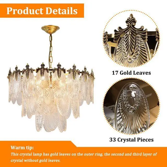 Alt view image 6 of 6 - FanErsai Modern Crystal Chandelier Golden Vintage Pendant Lighting with Leaf Crystal Drum 8-Light French Raindrop Ceiling Light Fixture Perfect for Living Room Dining Room Bedroom Entryway Foyer