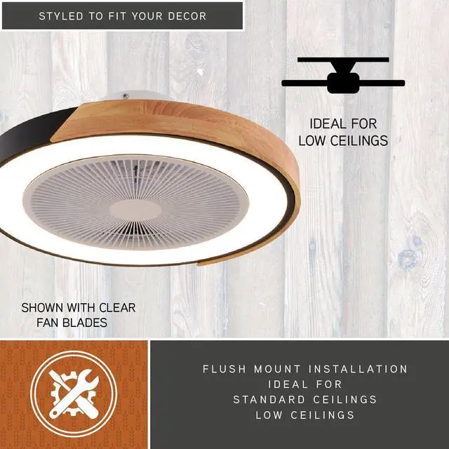 Alt view image 5 of 6 - Everette 20 in. Matte Black Indoor Low Profile Flush Mount Contemporary Ceiling Fan with Clear Blades, Dimmable Integrated LED Light Kit and Remote Control, 6 Speed, Energy Efficient DC Motor